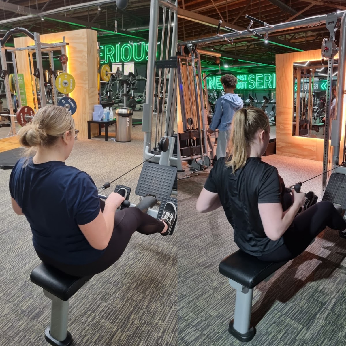 Clients training on seated row machines